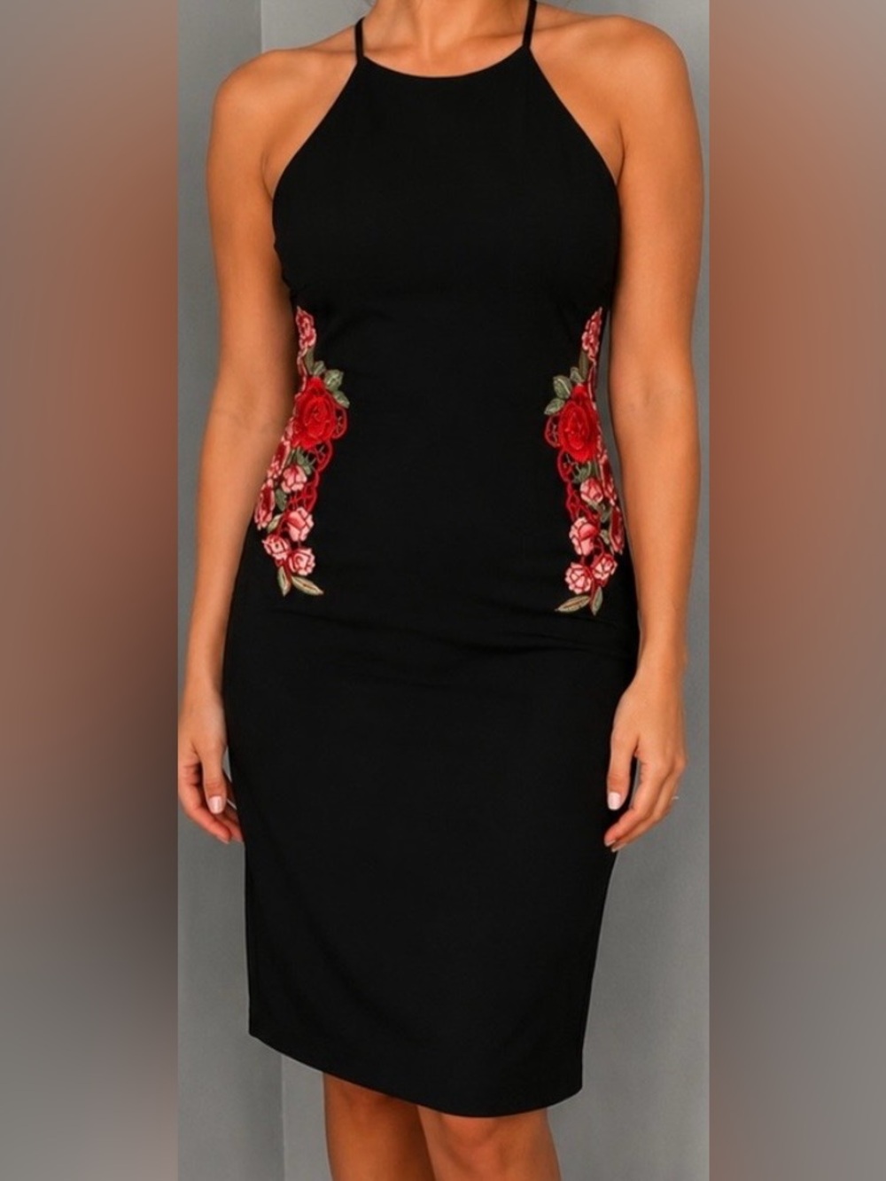 Bisou Bisou Floral Embroidered Halter Midi Dress Size 10 HOCO